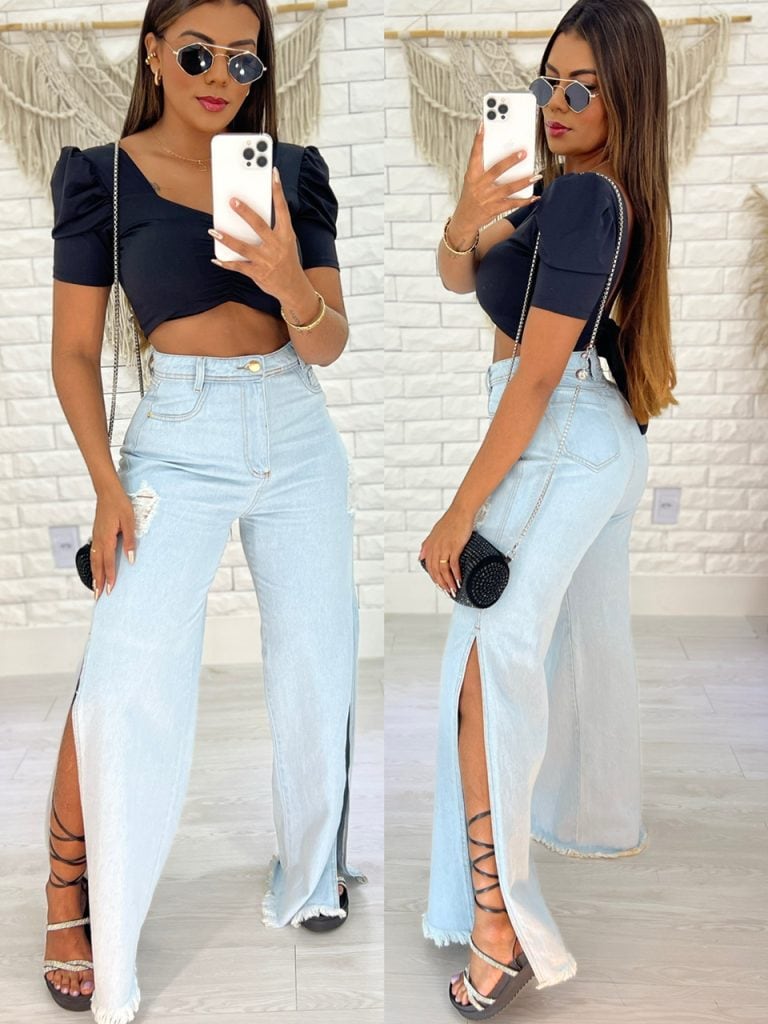 calça wide leg c/ abertura na lateral