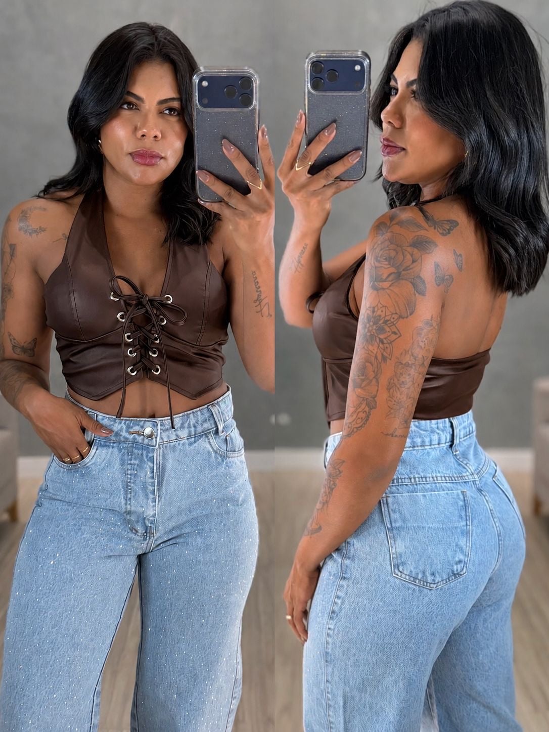 calça jeans flare bordada