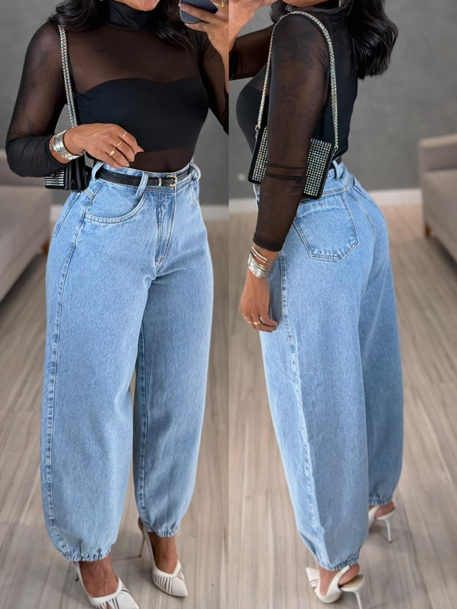 calça jeans flare bordada